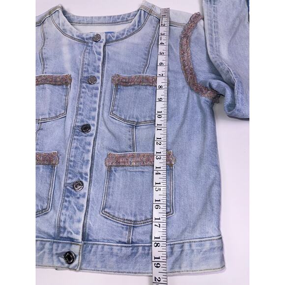 7 For All Mankind Light Wash Blue Denim Jacket Pink Fringe Detail Women’s Size S - Picture 10 of 12